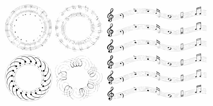 musical notes on staffs in black and white vector illustration music notation clef quavers semibreves minims graphic design art sheet
