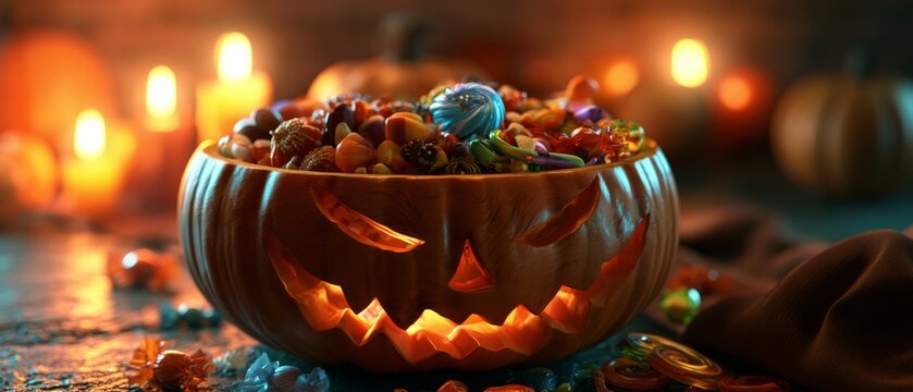 Glowing Pumpkin Bowl Filled with Halloween Candy