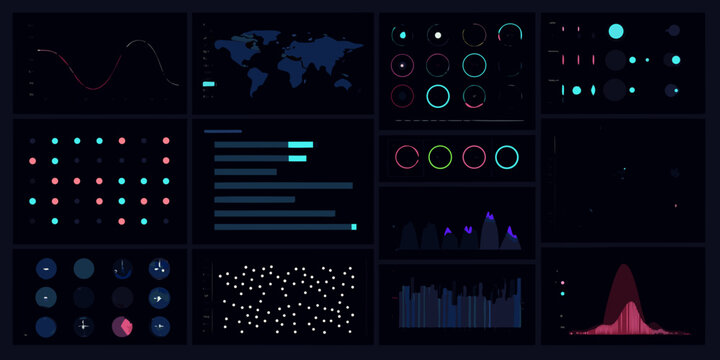 analytics dashboard with various charts and graphs on dark background data visualization world map bar chart pie line graph scatter