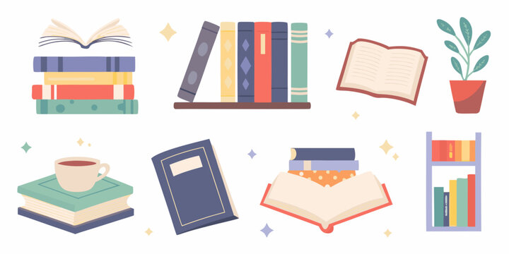 books stack colorful flat illustration on white background bookshelf reading literature education knowledge library study learning vector graphic design icon