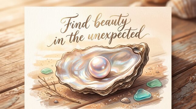 Beautiful natural pearl nestled in an oyster shell, symbolizing finding beauty in the unexpected, with a beach-like setting.