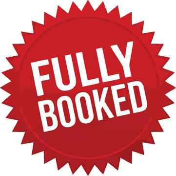 Bright red starburst sticker featuring bold white text that says fully booked for business marketing