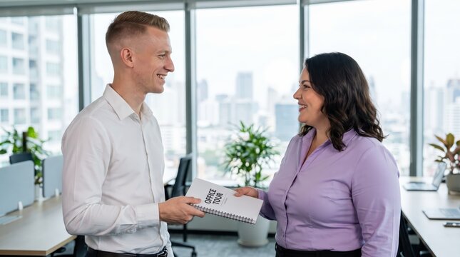Generative AI, Manager giving office tour guide to new hire in a high-rise office