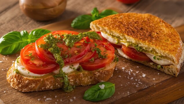 Classic Italian bruschetta with tomato, mozzarella, and pesto. Grilled caprese sandwich.