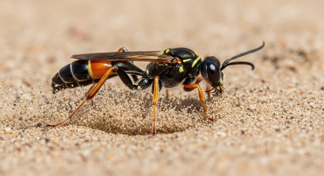 Black and orange wasp digging in sandy soil.