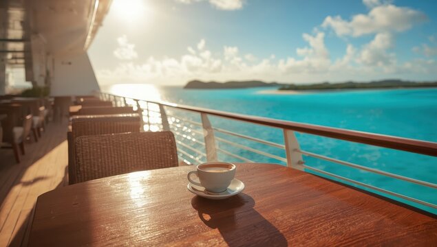 Aboard a cruise ship, coffee rests on a table with stunning turquoise views of the Bahamas.