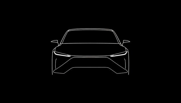Sleek modern car shape on dark backdrop. White outline of electric vehicle. Ideal for tech, EV, and automotive innovation concepts.