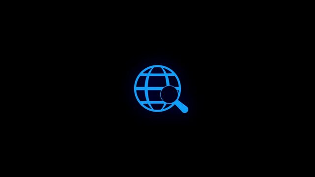 A bright blue neon glowing of a globe with a magnifying glass superimposed over it, symbolizing global search and internet exploration against a solid black background with a subtle glow effect