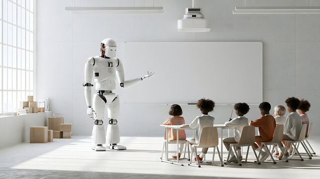 A humanoid robot teaching children in a modern classroom setting