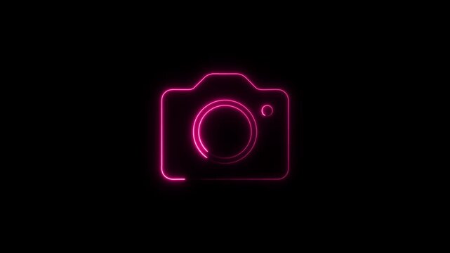 Neon pink camera animation, glowing digital symbol for social media and tech branding