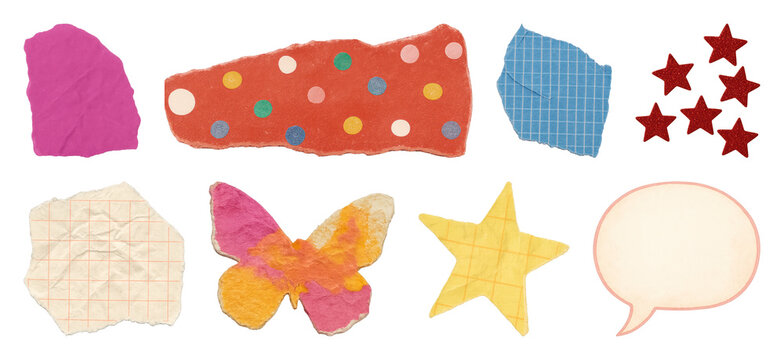 PNG Colorful paper cutout shapes and speech bubble collage, transparent background