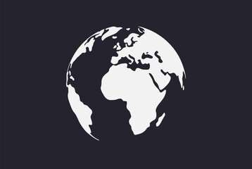 Fototapeta premium Minimalist white globe icon showing continents on a dark gray background representing earth, geography, and global connection.