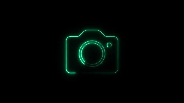Neon green glowing camera animation, digital concept, minimalist tech on black background