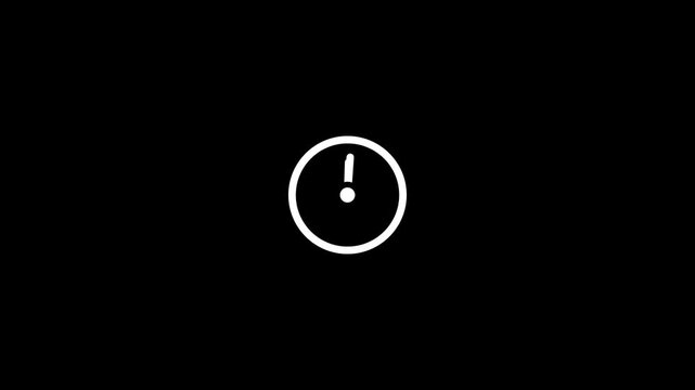 A simple white outline of a clock face with two hands pointing to a specific time, representing timekeeping or a deadline on a solid black background