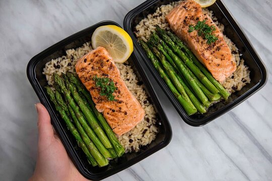 Healthy grilled salmon with asparagus and rice served in black containers, a delicious and nutritious meal preparation