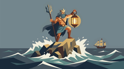 Flat Illustration of Sea God Neptune as Lighthouse Keeper on Rocky Outcrop, Holding Lantern and Trident, with Sailing Ship in Background, Stormy Ocean Waves, Graphic Style © Ari