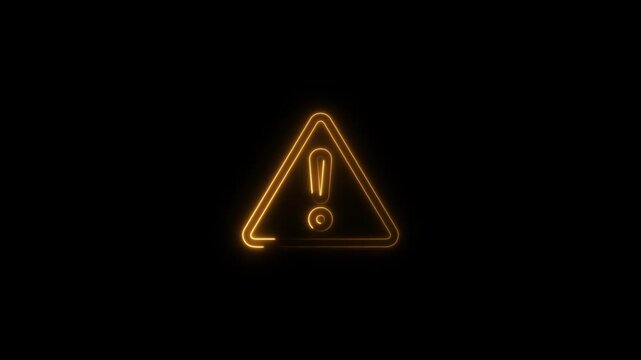 Glowing neon warning sign animation: hazard alert symbol with pulsing light effect on black background