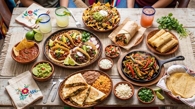 Traditional Mexican foods like tacos, tortillas, quesadillas, fajitas, nachos, burritos, tamales, guacamole, and salsa on a light surface. Aerial view.