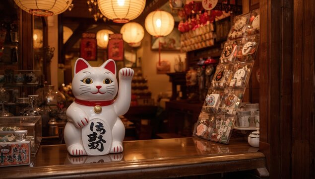 A white Maneki-neko cat figurine, a Japanese luck symbol with an elevated paw, shown on a shop counter.