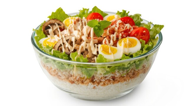 Glass dish with layered salad featuring rice, mushrooms, chicken, egg, and mayonnaise; delicious meal.