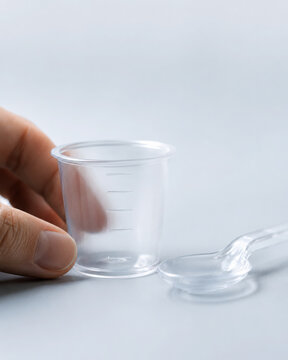 Clear plastic measuring cup and spoon are held by hand, showcasing precision in measurement for health and literacy in cooking