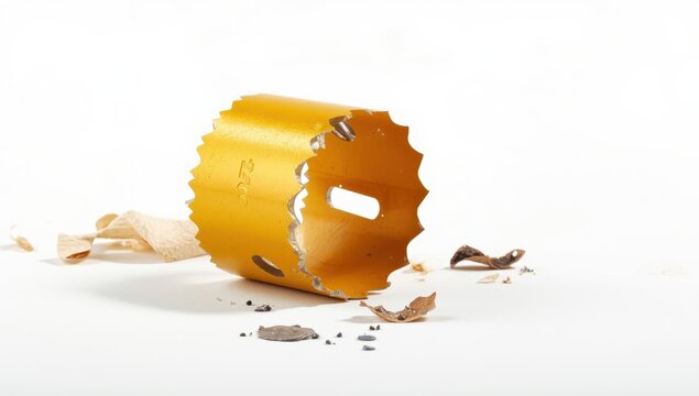 Isolated yellow hole saw drill bit on white, circular bimetal cutter for wood and metal drilling.