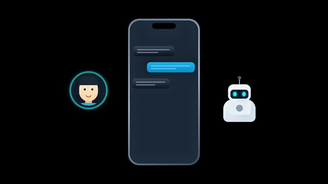 AI Chatbot conversation on smartphone screen, animated chat bubbles and robot icon