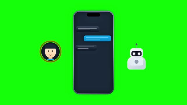Animated Chatbot and Smartphone with Messaging App Interface on Green Screen