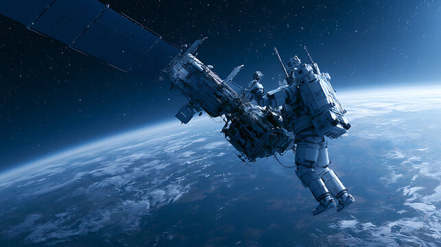 A robot repairing a satellite in orbit surrounded by stars and Earth below (3)