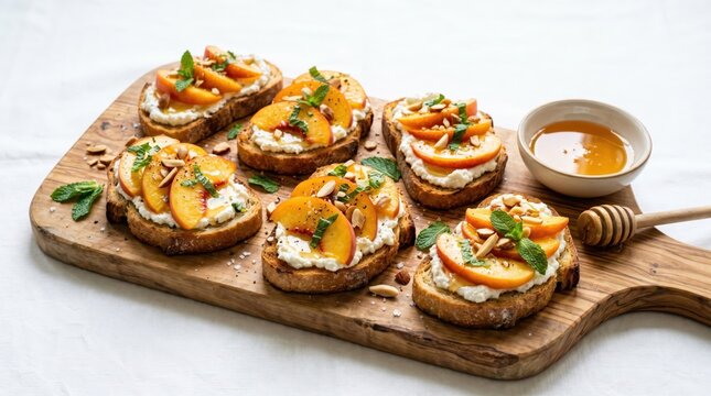 Peach bruschetta with ricotta, mint, and almonds on a wooden board, with a bowl of honey, placed on a white surface.