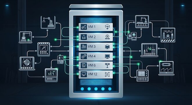 Digital network server rack with multiple devices connected.