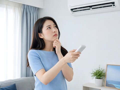 Woman using air conditioner remote at home