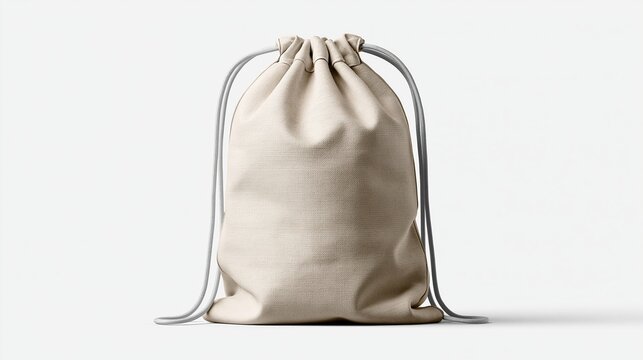 Blank natural beige canvas drawstring backpack mockup isolated on solid plain white background ready for custom print logo design and branding