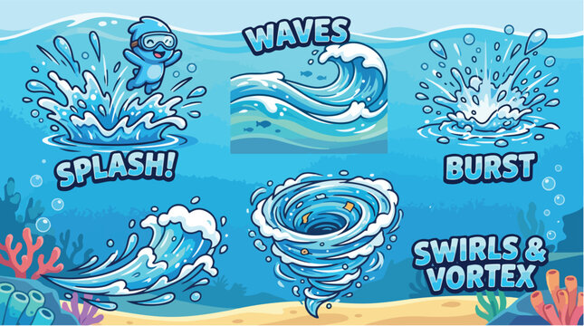 Cartoon water splash and wave vector set, blue ocean swirls and vortex elements, underwater sea burst and liquid motion graphics