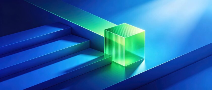 Abstract modern 3d tech background with glowing transparent green glass cube on blue stepped podium showing futuristic technology and growth concept