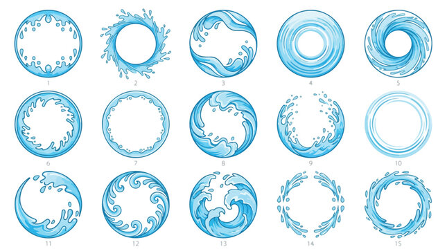 Water splash circle frames set, 15 blue liquid wave icons, round sea ripple borders and aquatic swirl elements for logo design and branding
