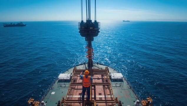 Bird's-eye perspective of a maritime worker in protective equipment examining a cargo crane on a ship's deck.