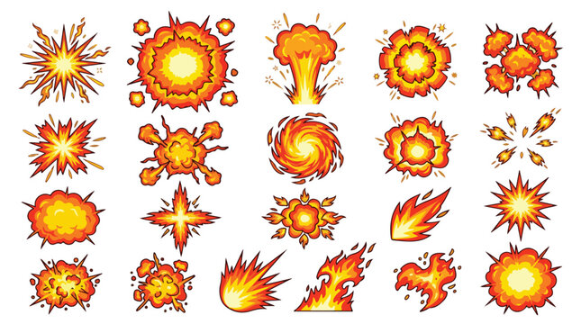 Cartoon explosion effect set, comic boom and blast fire clouds, 20 orange and yellow firework burst icons, action game vfx vector elements