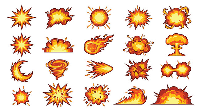 Cartoon explosion effect set, comic fire blast and smoke cloud icons, 20 vector firework and bomb burst elements for game design