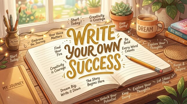 Creative workspace with open notebook, motivational quotes, and writing tools, inspiring success through journaling and planning