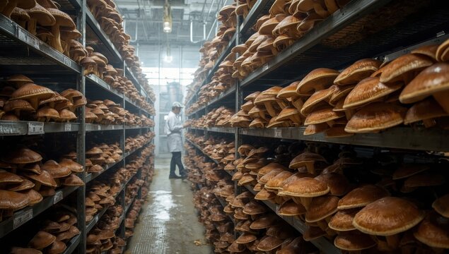 A shiitake mushroom farm displaying a plentiful yield of fresh mushrooms cultivated on logs set on metal shelves for growth and production.