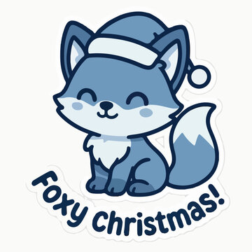 Cute little blue fox character wearing a festive santa hat with the cheerful text foxy christmas isolated on white background