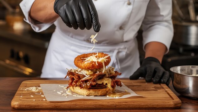A gloved hand places shredded mozzarella on a gourmet pulled pork sandwich topped with an onion ring and creamy mushroom sauce.