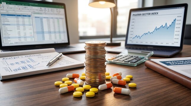 Yellow tablets and white-orange capsules arranged on and near a pile of coins for health insurance, medical costs, and finance concepts.