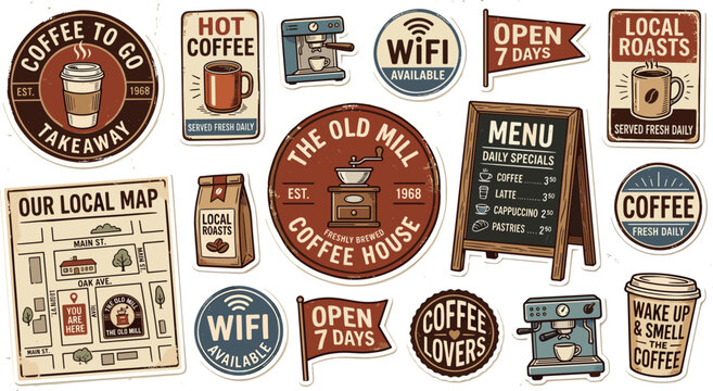 Vintage Coffee Shop Sticker Set with Distressed Retro Badges Espresso Machines Sandwich Menu Board and Town Guide Map Elements for Cafe Branding