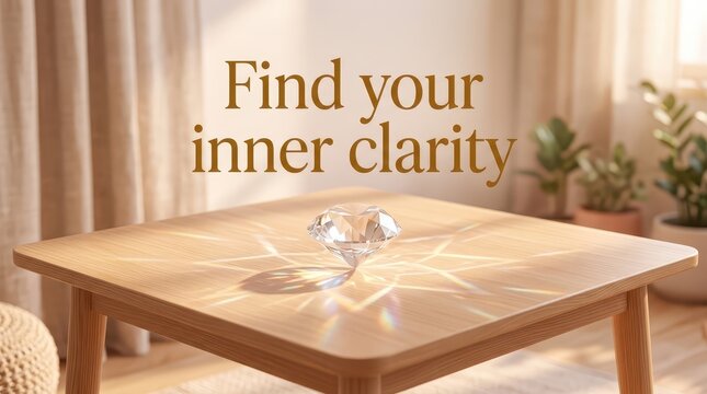 Crystal refracting light on wooden table, inspirational message 'Find your inner clarity' in warm tones