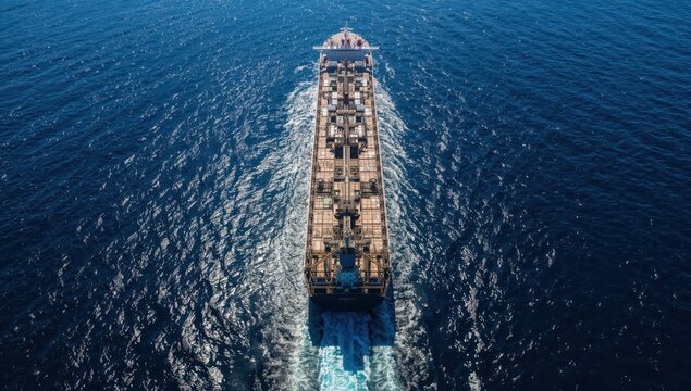 Bird's-eye perspective of a large oil tanker in the open sea near the Gulf States in the Strait of Hormuz, shipping oil globally.