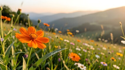 Obraz premium A vibrant orange wildflower blooms in a mountain meadow during a golden sunset.