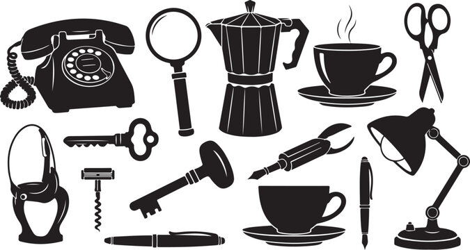 Vintage everyday objects vector set, black silhouette retro household items, antique office and kitchen icons, 13 classic design elements
