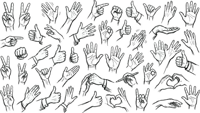 Vintage Hand Drawn Hand Gestures Clipart Set with Thumbs Up Peace Sign Pointing Ok Heart and Rock On Sketch Icons for Graphic Design Elements